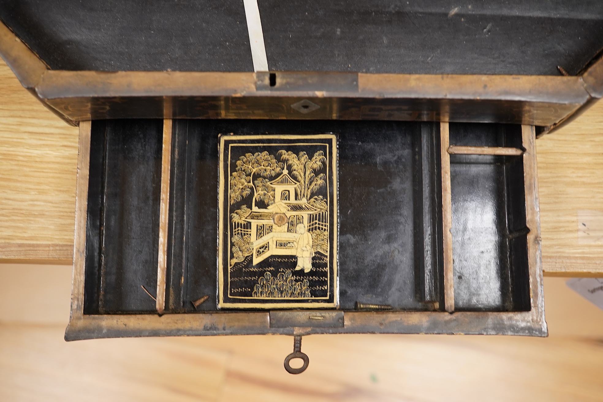 Two 19th century Chinese export lacquer boxes, to include a hexagonal example with front drawer and key, 36cm wide x 28cm deep x 16cm high